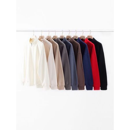 (image for) Solid Color Loose Drop Shoulder Stand Collar Sweatshirt Men's Zipper Jacket