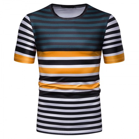 (image for) New Summer Men's Short-Sleeved T-Shirt Mens Contrast Striped Slim Casual T-Shirt