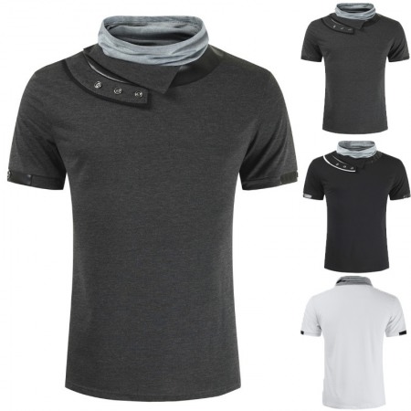 (image for) New Style Men's Personality Sports T-Shirt Fashion Leather High Pile Collar Short-Sleeved T-Shirts