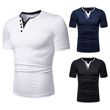 New Summer Thin High Stretch Men's Color Matching V-Neck Short-Sleeved T-Shirt