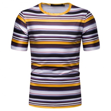 (image for) New Summer Men's Short-Sleeved T-Shirt Mens Contrast Striped Slim Casual T-Shirt