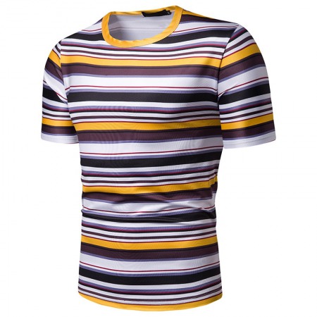 New Summer Men's Short-Sleeved T-Shirt Mens Contrast Striped Slim Casual T-Shirt