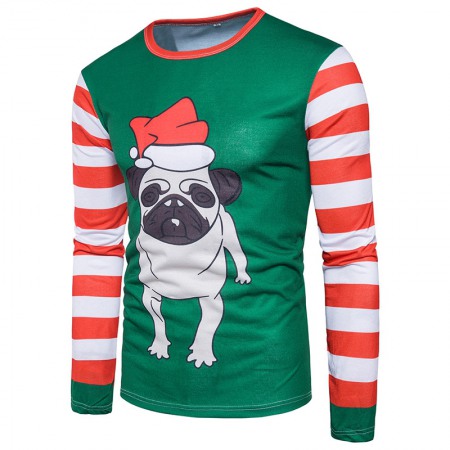 Men's New Special 3D Printing Cartoon Dog Christmas Hat Round Neck Long Sleeve T-Shirt