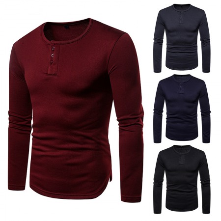 (image for) Men's Plus Size Plus Velvet Warm Henley Collar Long-Sleeved T-Shirt Bottoming Shirt