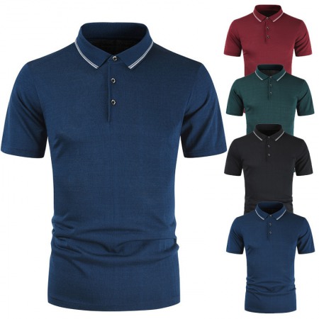 (image for) Short-Sleeved Men's Plus Size Short-Sleeved T-Shirt Lapel Color Matching Bottoming Shirt