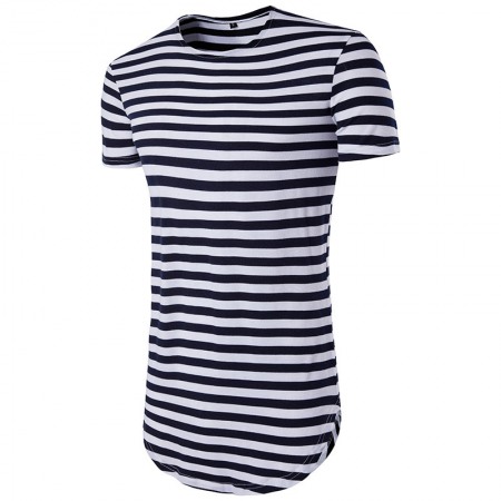 (image for) Hip Hop High Street Summer Men's Round Hem High Street Striped Long Short Sleeve T-Shirt
