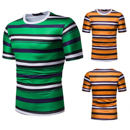 (image for) New Summer Men's Short-Sleeved T-Shirt Mens Contrast Striped Slim-Fit T-Shirt