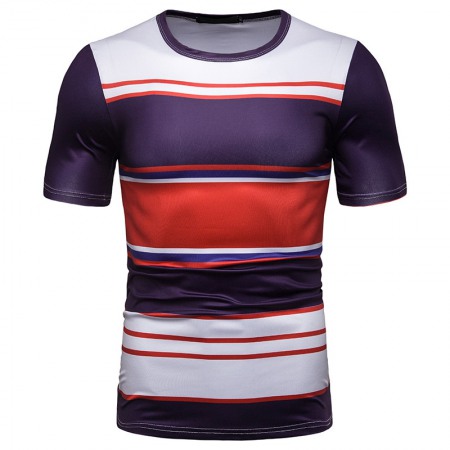 (image for) New Summer Men's Short-Sleeved T-Shirt Mens Contrast Striped Slim Casual T-Shirt