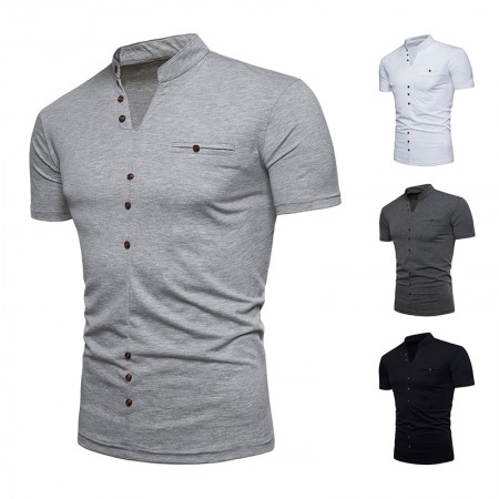 (image for) New Fashion Men's Henry Collar Design Short Sleeve T-Shirt